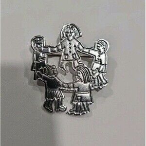 Vintage Sterling Silver 925 Dancing Children Holding Hands In Circle Brooch Pin